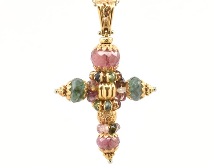 Estate Gemstone Cross Vintage 18K Solid Yellow Gold Natural Purple Tourmaline Green Tourmaline Pendant Over 2 Inches Long Holiday Gift