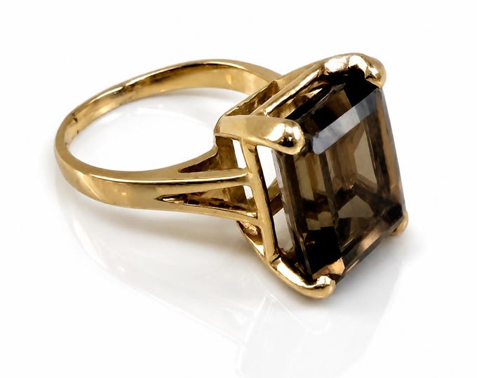 Vintage 14K Gold Smoky Quartz Ring Mid Century Modern Cocktail Statement Size 8
