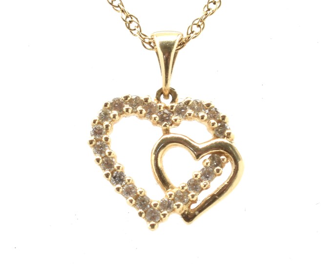 Estate Diamond Pendant Vintage 14K Solid Yellow Gold Natural Diamonds Double Hearts .315 Carat Total Weight Holiday Gift