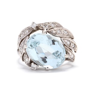 Estate Gemstone Ring Vintage 14K Solid White Gold Natural Diamonds Blue Topaz 10.57 Carats Total Weight Size 8 December Birthstone Gift
