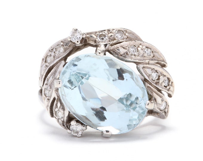 Estate Gemstone Ring Vintage 14K Solid White Gold Natural Diamonds Blue Topaz 10.57 Carats Total Weight Size 8 December Birthstone Gift