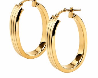 Vintage Italian 14K Gold Oval Hoop Earrings Minimalist Grooved Designer Style