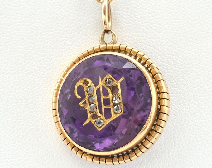 14K Solid Yellow Gold Natural Amethyst and Diamonds Pendant Charm Round Cut Nearly 22 Carats Over 15 Grams February Birthstone Gift