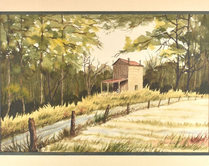 Estate Framed Painting Vintage Watercolor by Lee Ripa Tobacco Barn Matted Under Glass Wood Frame Holiday Gift