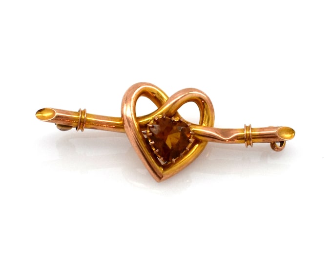 10K Solid Yellow Gold Natural Citrine Bar Brooch Pin Vintage Estate Heart Nearly 3 Grams Holiday Gift