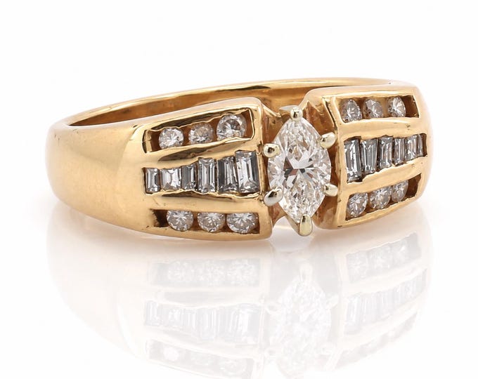 Estate 14K Yellow Gold Marquise Diamond Ring, .75 Carats Total, Size 7