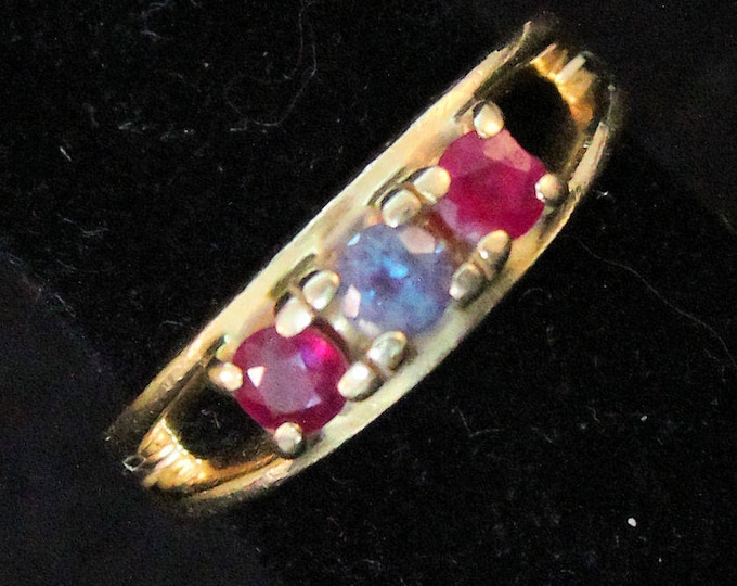 Estate Solid 14K Yellow Gold Multi Gemstone Birthstone Ring 4.04 Grams Size 4.75 Red Purple Red July February July Mother Family Gift