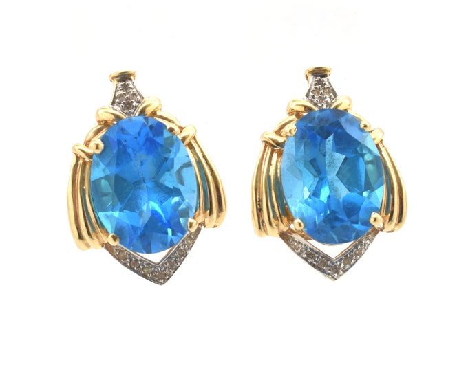 Estate Gemstone Earrings Vintage 14K Solid Yellow Gold Natural Diamonds Blue Topaz Oval Cut Omega Clasps December Birthstone Holiday Gift
