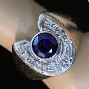 Spectacular Estate 14K Yellow and White Gold 1.75 Carat Round Cut Blue Sapphire .26 CTW Diamonds Ring 9.4 Grams Size 9 September Birthstone
