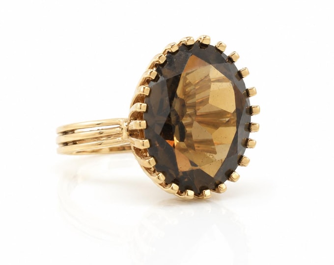 Smoky Quartz Oval Cut Ring 14K Solid Yellow Gold 8 Carats Size 7.25