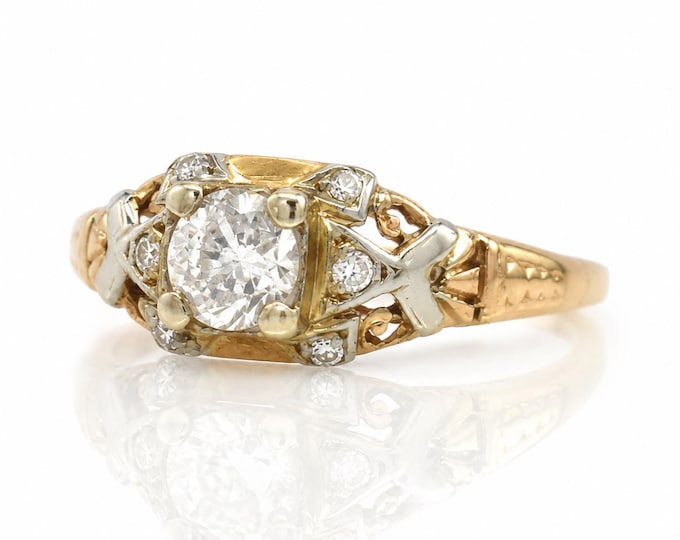 Vintage Orange Blossom Diamond Engagement Ring 14K Gold Art Deco Retro Size 5.5