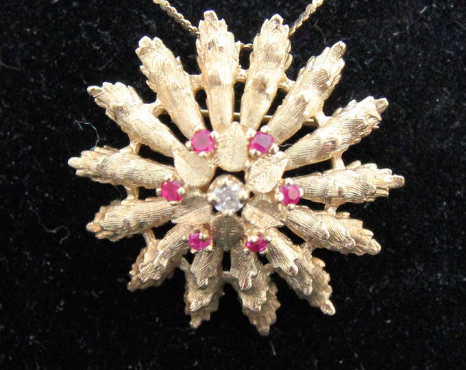Estate Gemstone Pendant Vintage 14K Solid Yellow Gold Natural Diamond and Rubies Starburst Floral Brooch Holiday Gift