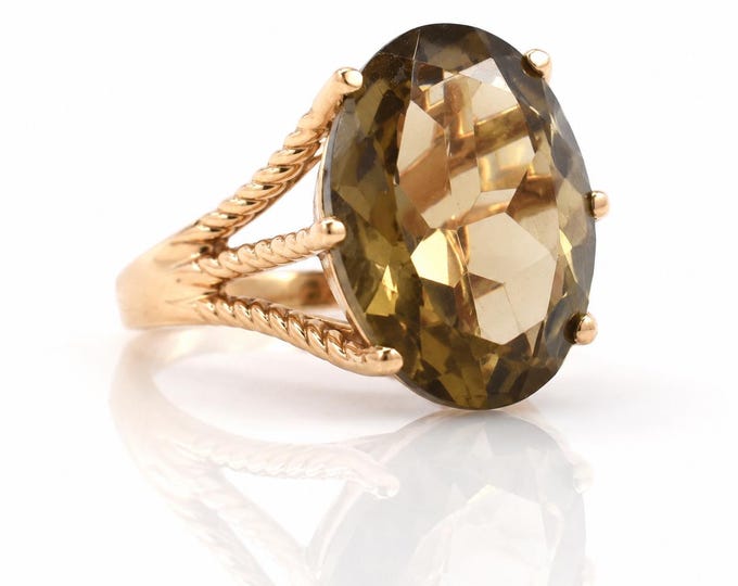 14K Solid Yellow Gold Oval Smoky Quartz Ring – Estate AJ Signed Size 6.5