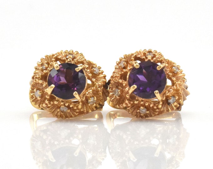 Estate Gemstone Earrings Vintage 14K Solid Yellow Gold Natural Diamonds Synthetic Purple Sapphire Over 8 Carats Total Weight Holiday Gift