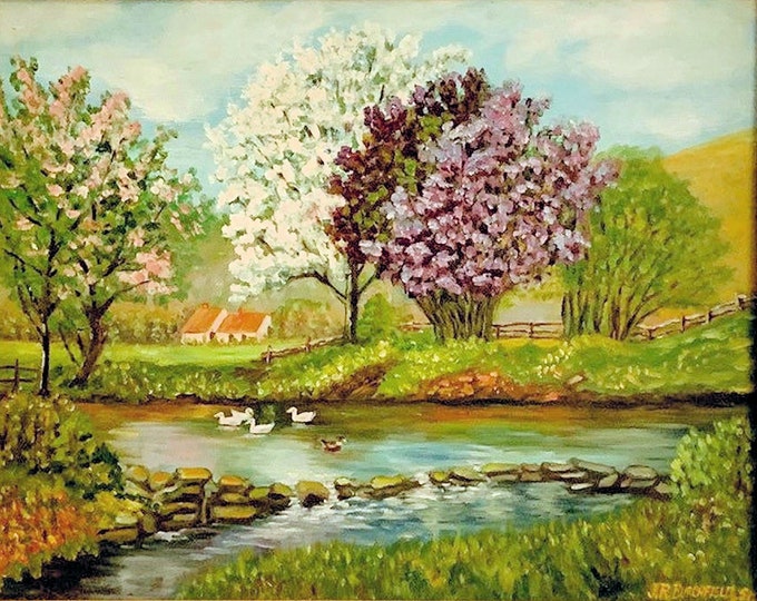 Vintage Painting on Canvas Early Summer Signed James R. Burchfield Sr. Wood Frame Holiday Gift