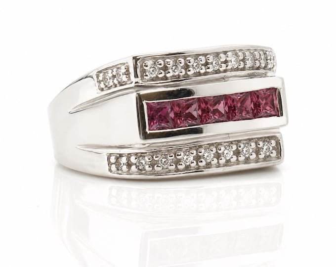 14K White Gold Princess Garnet Diamond Statement Ring Geometric Bypass Estate Size 6.5