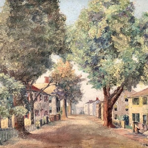 Vintage Oil on Canvas American School Country Street Scene Signed E Alburger Wood Frame Holiday Gift