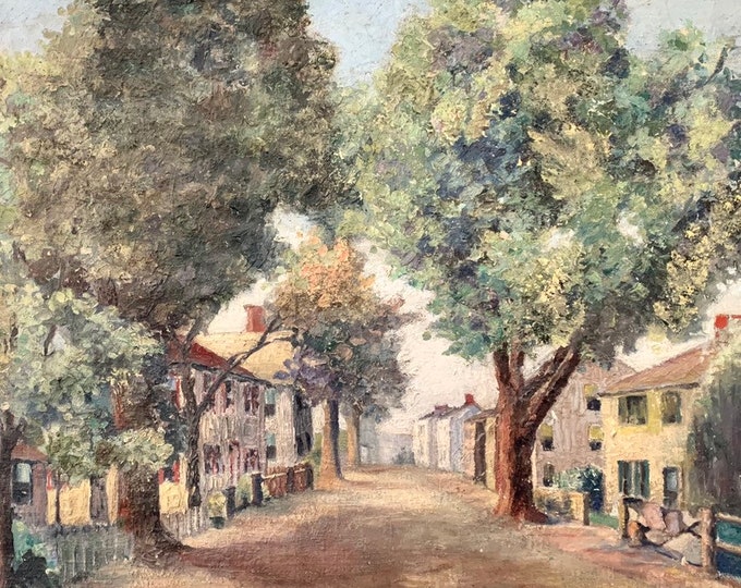 Vintage Oil on Canvas American School Country Street Scene Signed E Alburger Wood Frame Holiday Gift