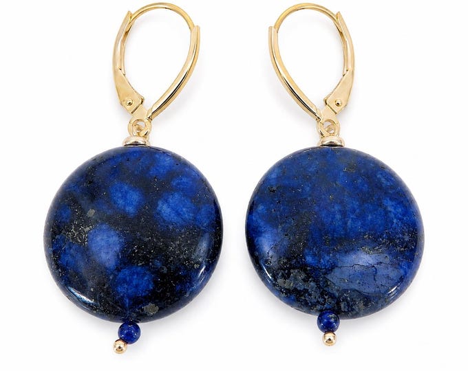 Estate 14K Gold Lapis Lazuli Disk Dangle Earrings