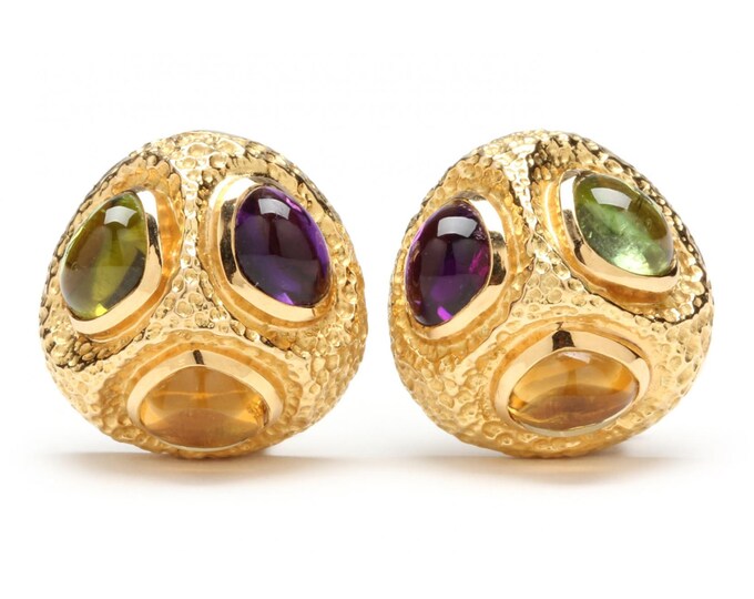 Estate Gemstone Earrings Vintage 18K Solid Yellow Gold Natural Amethyst Peridot Citrine Mardi Gras Clip Earrings Signed Olsen Valentine