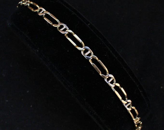 Estate 14K Solid Yellow and White Gold 8" Heavy Figaro Mariner Chain Link Bracelet 14.5 Grams Men Women Unisex Father's Day