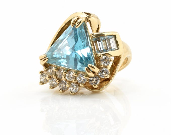 Vintage Samuel Aaron Blue Topaz Cocktail Statement Ring 10K Gold Modernist Size 4.75