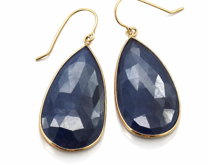 Estate  14K Gold Natural Rose Cut Sapphire Teardrop Drop Earrings 36CT Bezel Minimalist Vintage
