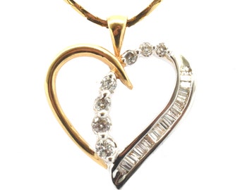 Estate Diamond Pendant Vintage 14K Solid Yellow and White Gold Natural Diamonds Open Heart .63 Carats Total Weight Holiday Gift