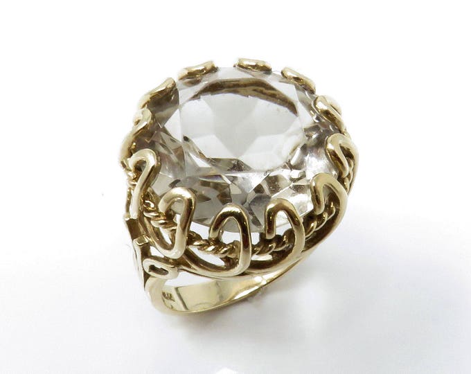 Estate 14K Yellow Gold Round Cut 15 Carat Champagne Smoky Quartz Solitaire Ring 10.9 Grams Size 6.5 Holiday Gift