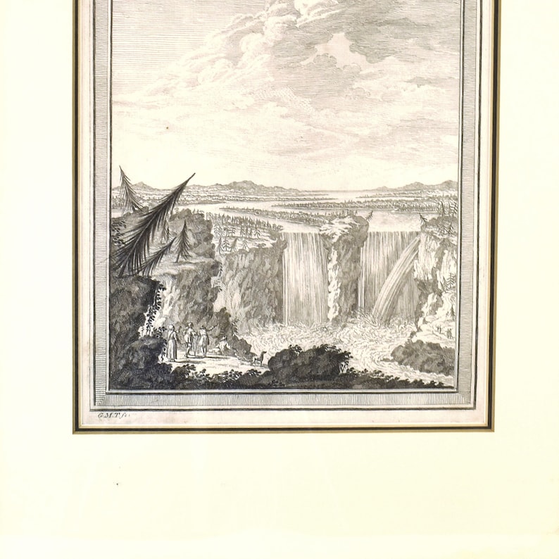 May include: A black and white engraving of Niagara Falls, showing the falls from a distance with a group of people standing on the edge of the cliff. The engraving is framed in a simple black frame.