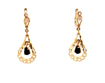 14K Solid Yellow Gold Natural Onyx Earrings Cubic Zirconia CZ Accents Vintage Estate Lever Back Drop Dangle  Over 3 Grams Holiday Gift