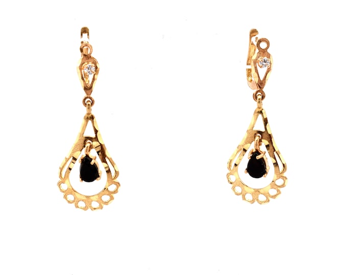14K Solid Yellow Gold Natural Onyx Earrings Cubic Zirconia CZ Accents Vintage Estate Lever Back Drop Dangle  Over 3 Grams Holiday Gift