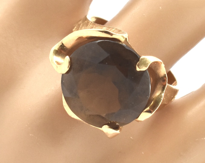 Estate Quartz Ring Vintage 14K Solid Yellow Gold Natural Smoky Quartz 11.34 Carats Size 9.25 Signed Strell Holiday Gift