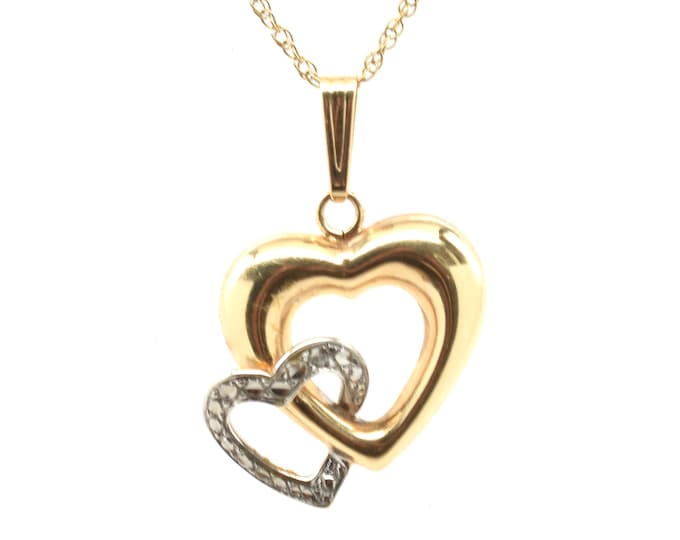 Estate Heart Pendant Vintage 14K Solid Yellow and White Gold Double Hearts Holiday Gift