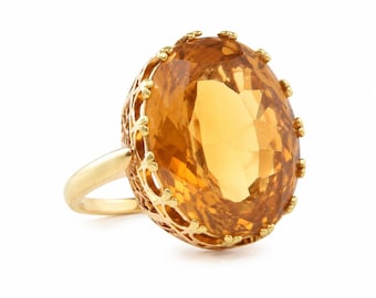 Vintage 14K Gold Mid-Century Citrine Cocktail Ring, circa 1965–1975