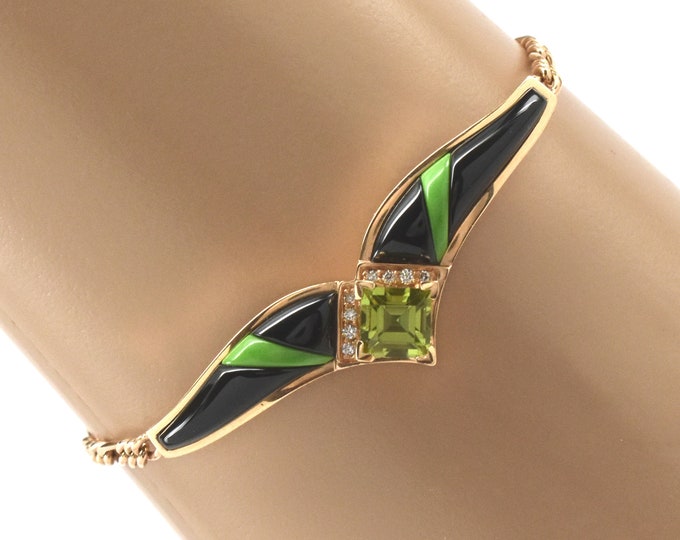 Estate Gemstone Bracelet Vintage 14K Solid Yellow Gold Natural Peridot Diamonds Onyx 6.25 Inches Long August Birthstone Holiday Gift