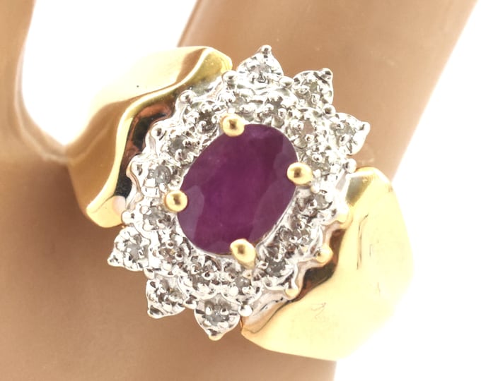 Estate Halo Ring Vintage 14K Solid Yellow Gold Natural Diamonds Ruby 0.78 Carats Total Weight Size 5.5 July Birthstone Holiday Gift