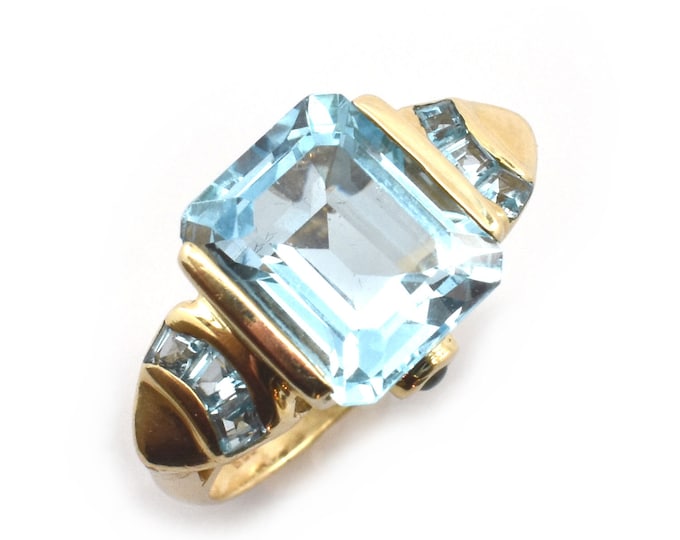 Estate 14K Yellow Gold Blue Topaz Multi-Stone Ring 7.9 Carats Total Weight CTW 7.9 Grams Size 6.75 December Birthstone Holiday Gift