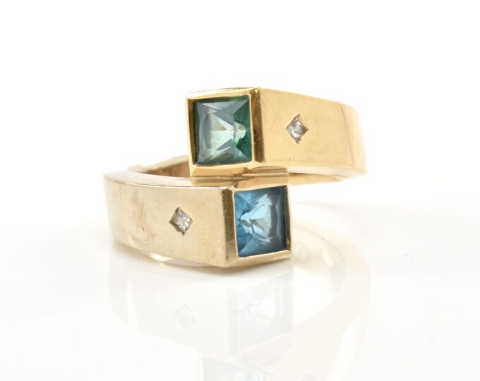 Estate Gemstone Ring Vintage 14K Solid Yellow Gold Princess Cut Blue Green Topaz Diamonds Ring December Birthstone Size 6 Holiday Gift