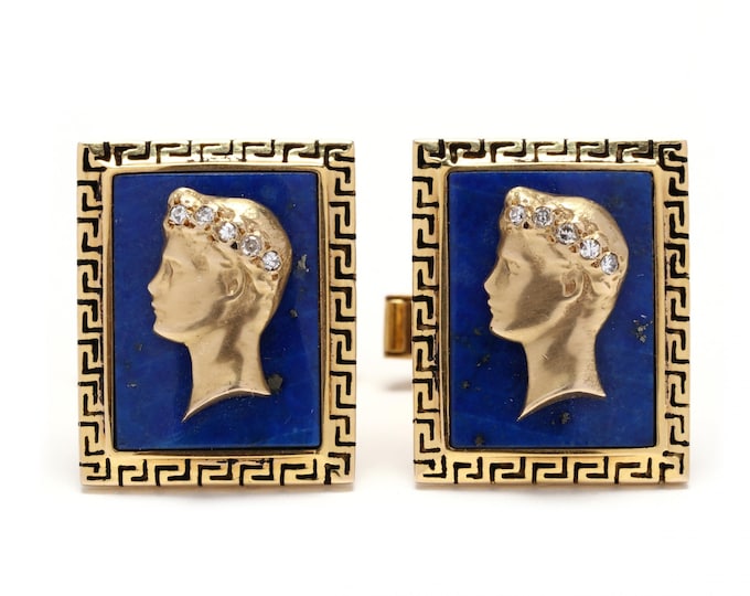 Estate Lapis Cufflinks Vintage 14K Solid Yellow Gold Natural Diamonds Lapis Lazuli Classical Laureate Cuff Links Father's Day