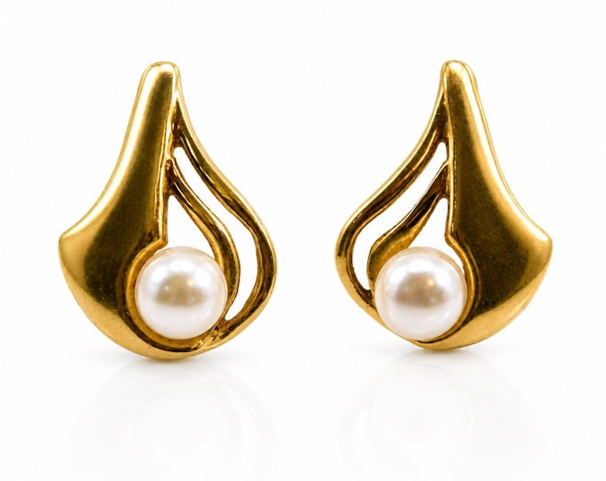 Vintage 14K Gold Cultured Pearl Teardrop Earrings Minimalist Estate Jewelry June Birthstone