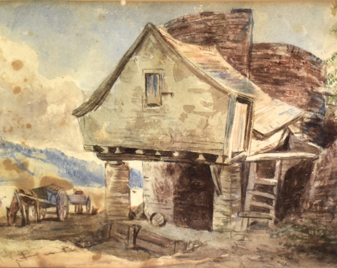 Antique Watercolor of a Barn with Horse and Cart by Artist Nina Hakes Dated 1870 Matted and Framed Under Glass Wood Frame Holiday Gift