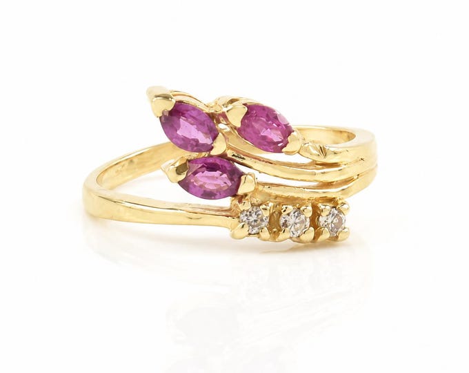 Vintage 14K Ruby Diamond Bypass Ring Mid Century Floral July Birthstone, Size 4.25