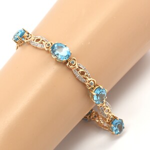 Tennis Bracelet Estate Blue Topaz 14K Solid Yellow Gold Natural Diamonds 7.75 Inches Long December Birthstone 20.9 Carats Total Gift