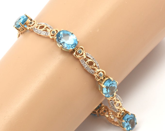 Tennis Bracelet Estate Blue Topaz 14K Solid Yellow Gold Natural Diamonds 7.75 Inches Long December Birthstone 20.9 Carats Total Gift