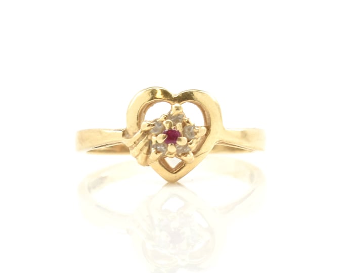 Estate Gemstone Ring Vintage 14K Solid Yellow Gold Ruby and Cubic Zirconia Heart July Birthstone Size 6.75 July Birthstone Holiday Gift