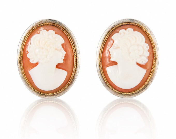 Vintage Italian 14K Gold Shell Cameo Stud Earrings, Victorian Revival
