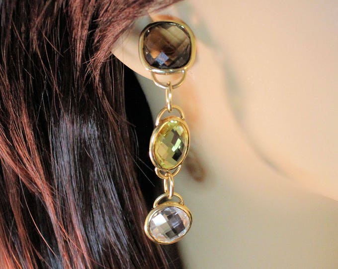 Vintage 14K Yellow Gold Smoky Quartz Citrine White Topaz Earrings 14.9 Grams 28.52 Carats Total Weight New Old Stock Signed MAZ Gift