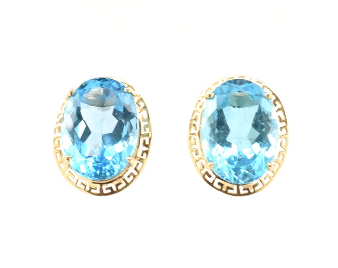 Estate Topaz Earrings Vintage 14K Solid Yellow Gold Meander Greek Key Omega Back Over 30 Carats Total Weight December Birthstone Gift