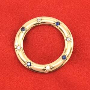 Estate Gemstone Brooch Vintage 14K Solid Yellow Gold Natural Diamonds Sapphires Circle Pin September Birthstone Holiday Gift
